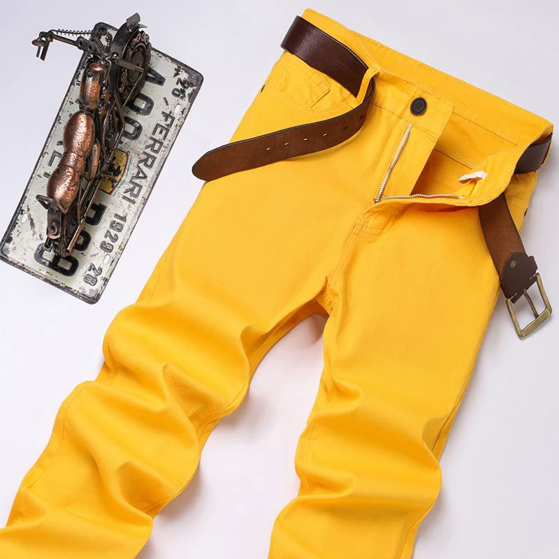 New High Quality Men\'s Trend Yellow Red White Jeans 2024 Spring Autumn Male High Waist Casual Pants Classic Brand Denim Trousers