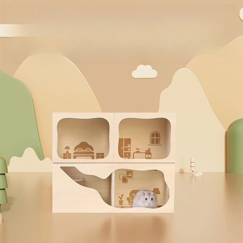 

Дом для побега хомяка, украшение для небольшого дома с золотым медведем, принадлежности из цельного дерева