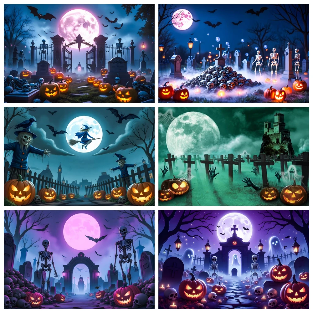 

Horror Halloween Photography Background Scary Night Tomb Ghost Cross Pumpkin Lanterns Adults Kids Halloween Party Photo Backdrop