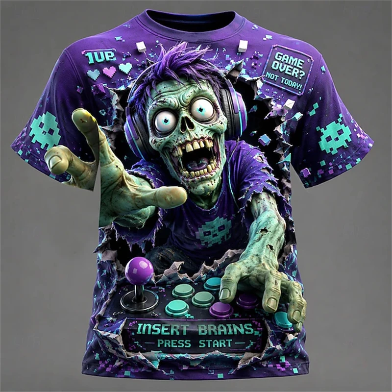 Men's Fashionable Street-Style Crew-Neck T-Shirt Casual Top with Creative Horror Zombie Print Men's Halloween Party Wear