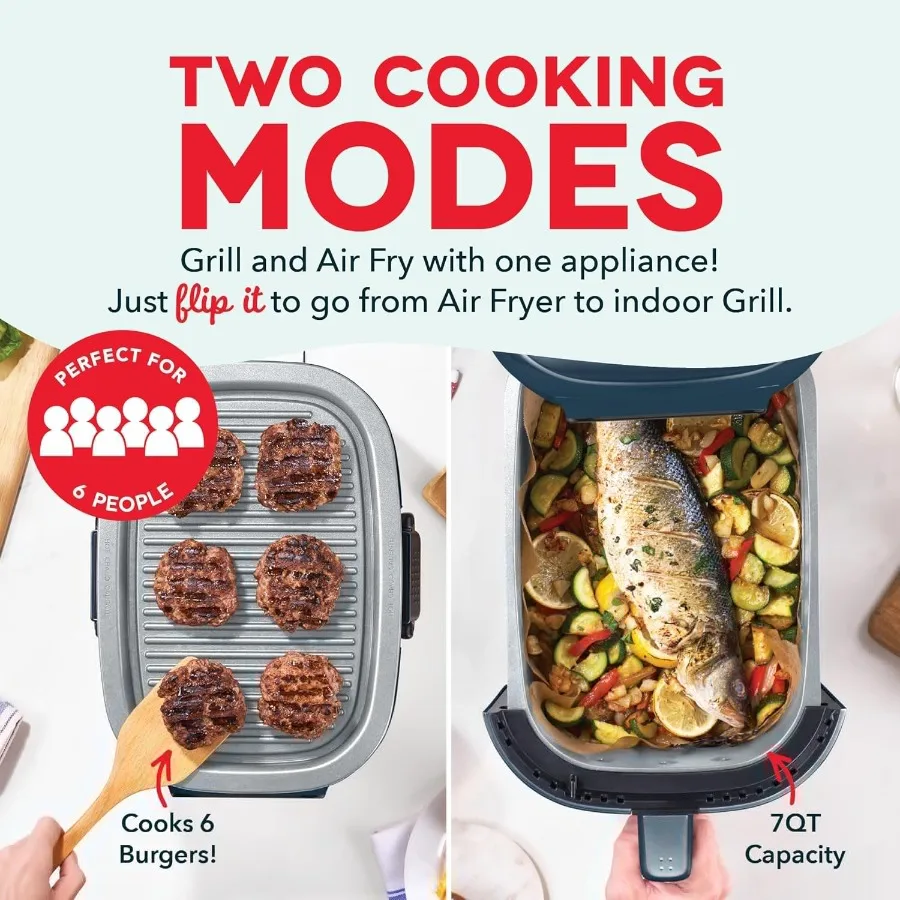 フリップフライ デジタル 2in1 グリル + エアフライヤー 4つの機能搭載 7クォート容量 室内調理用：フライドポテト、手羽先などのエアフライに最適