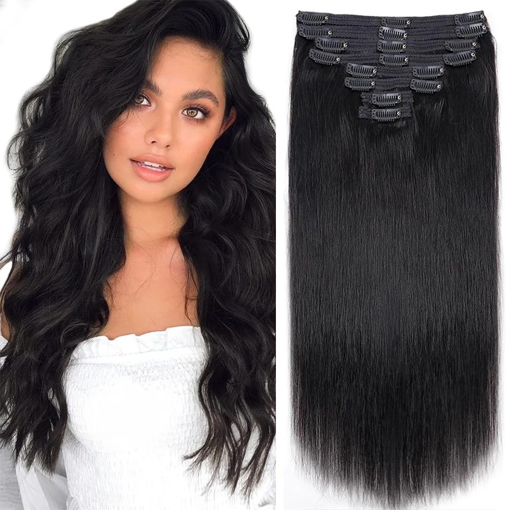 Straight Clip In Hair Extension 120g/8Pcs Brazilian Remy 100% Unprocessed Human Hair Full Head Invisible Clip Ins Natural Black