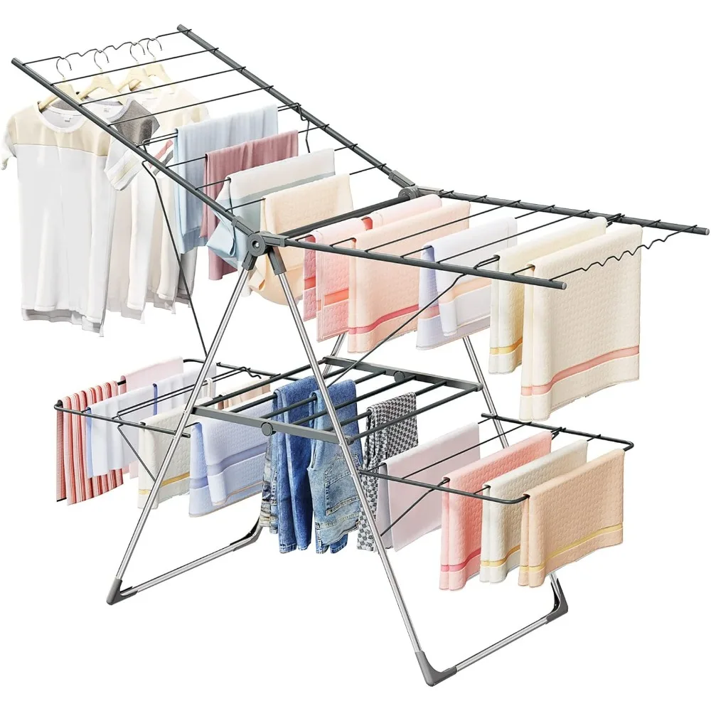 Clothes Drying Rack Foldable, 2-Level Large Laundry Drying Rack Collapsible, Stainless Steel Drying Rack Clothing