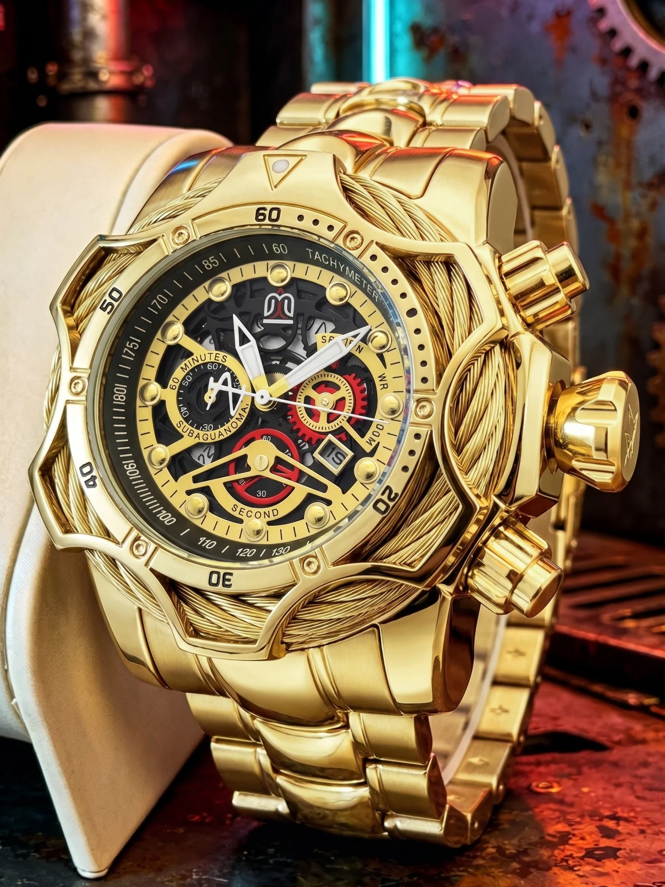 European and American Style Large Dial Men's Quartz Watch, Punk Steel Wire Ring Wristwatch, Calendar Waterproof Luminous Men's Watch, Tough Guy Racing Sports Steel Band Wristwatch, Trendy Business Casual Versatile Men's Wristwatch, Gift for Men view 3