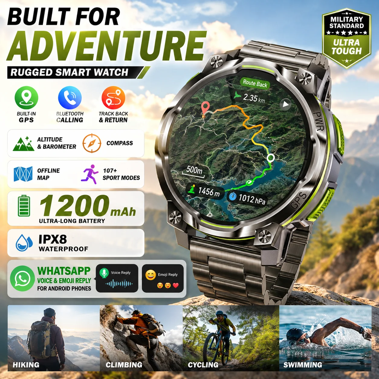 LIGE New GPS Offline Map Smart Watch 1200mAh Battery Outdoors Waterproof BT Call Altimeter Compass LED Flashlight Men Smartwatch