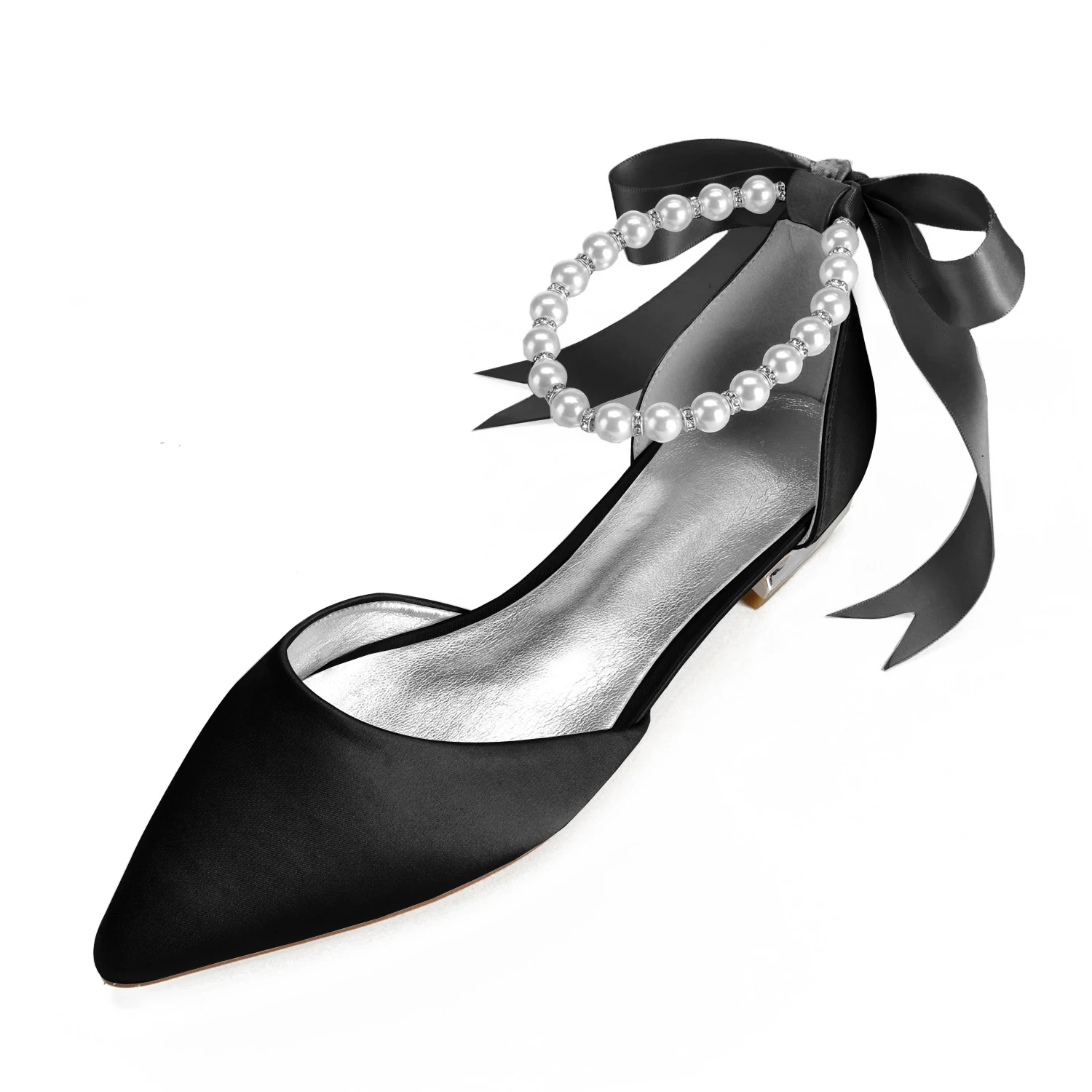 Fine Pearl Satin Wedding Bridal Flats Shoes Women Pointed Toe Prom Evening Formal Cocktail Party Slingback Shoes Flat