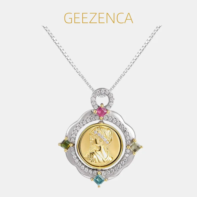

GEEZENCA 925 Silver Two Toned Tourmaline Cubic Zirconia Rotatable Cameo Disc Women Dainty Trendy Necklace Pendant Without Chain