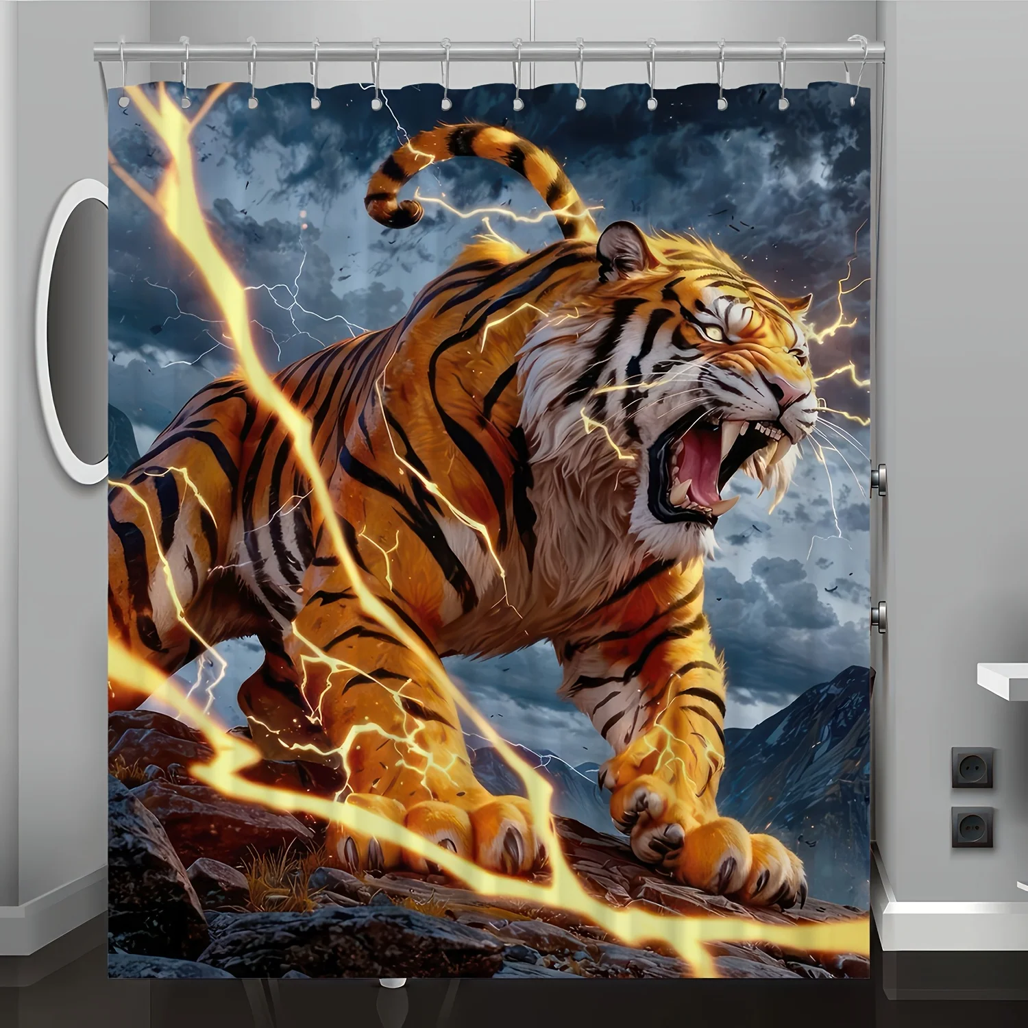 

1 шт., цифровая занавеска для душа с принтом громового тигра, декор для ванной комнаты из полиэстера с крючками, можно стирать в машине, ткань, всесезонный, роман