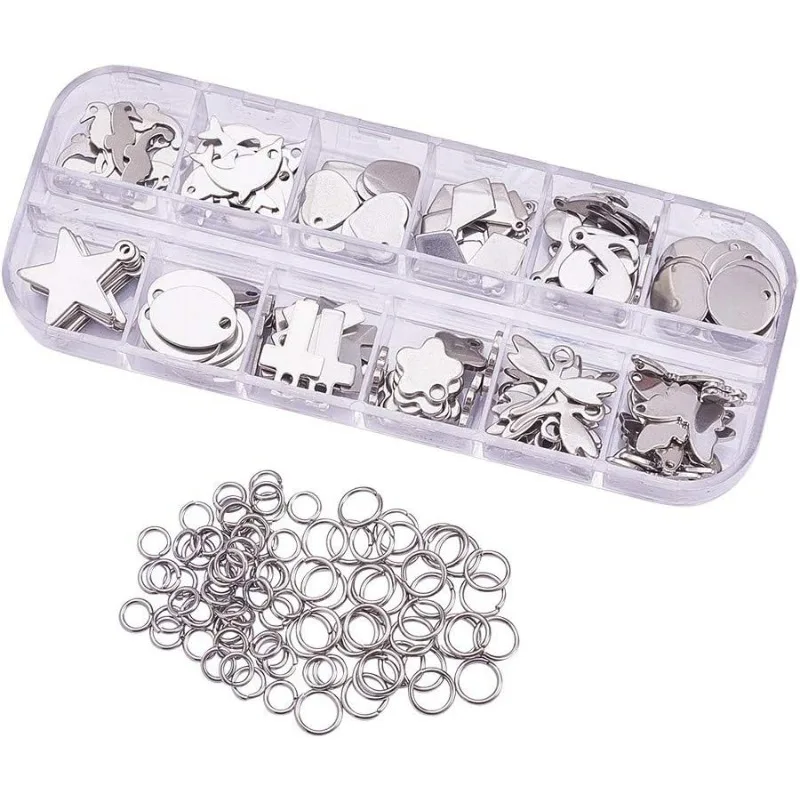 144PCS Mixed Small Stainless Steel Stamping Blanks Round Star Pendants and 80PCS Jump Rings with Storage Box for Bracelet