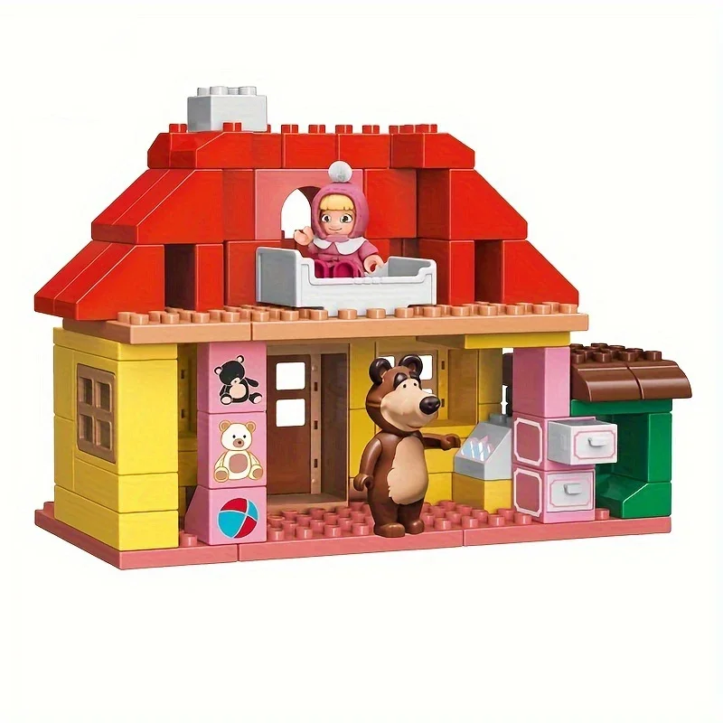 96PCS Girl's Little Bear House Creative City Street View Desktop Decoration Ornaments Large Particle Bricks Toys Children's Gift