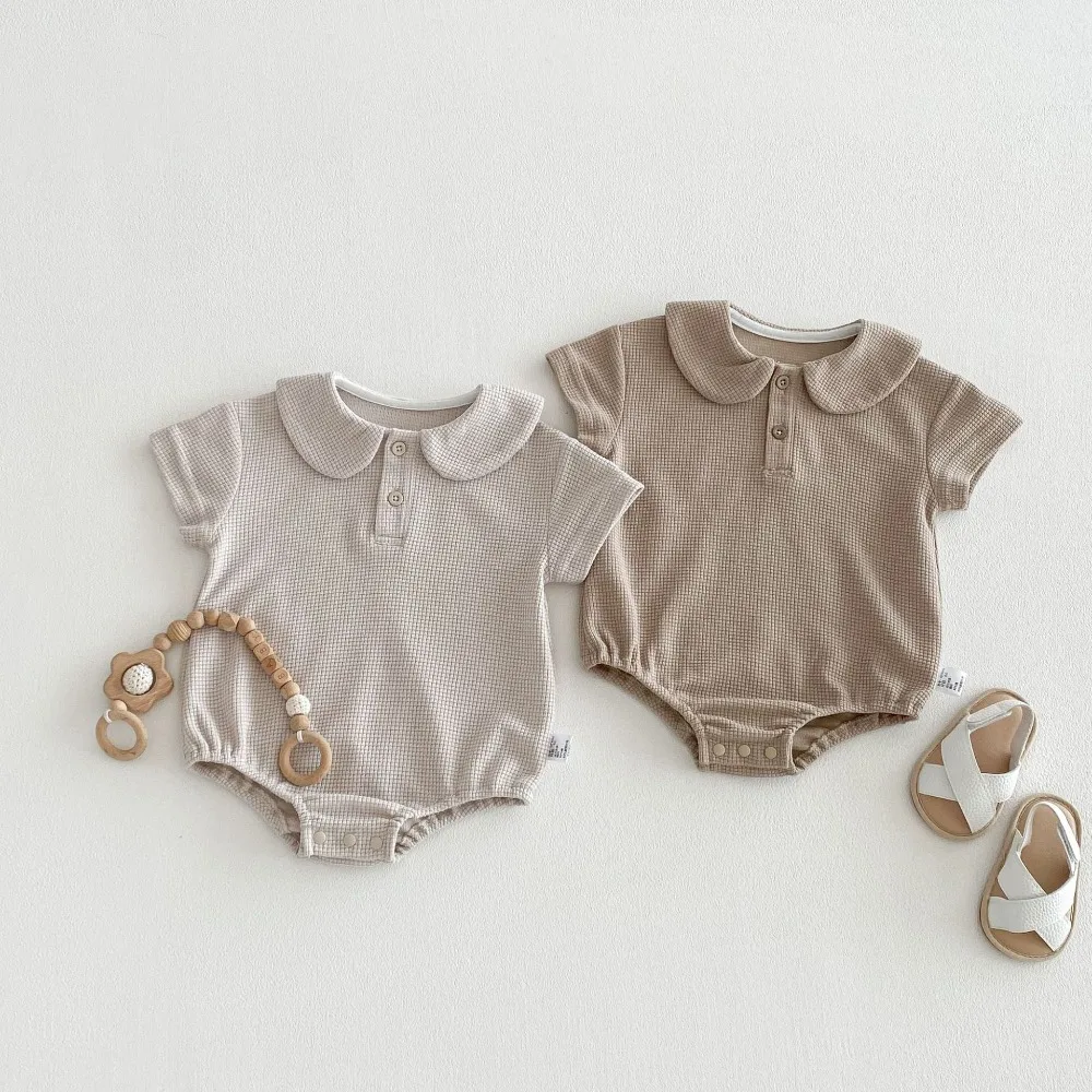 INS Summer Baby Romper 0-2Years Casual Newborn Boy Girl Solid Color Turn Down Collar Cotton Bodysuit Waffle Pattern Clothes