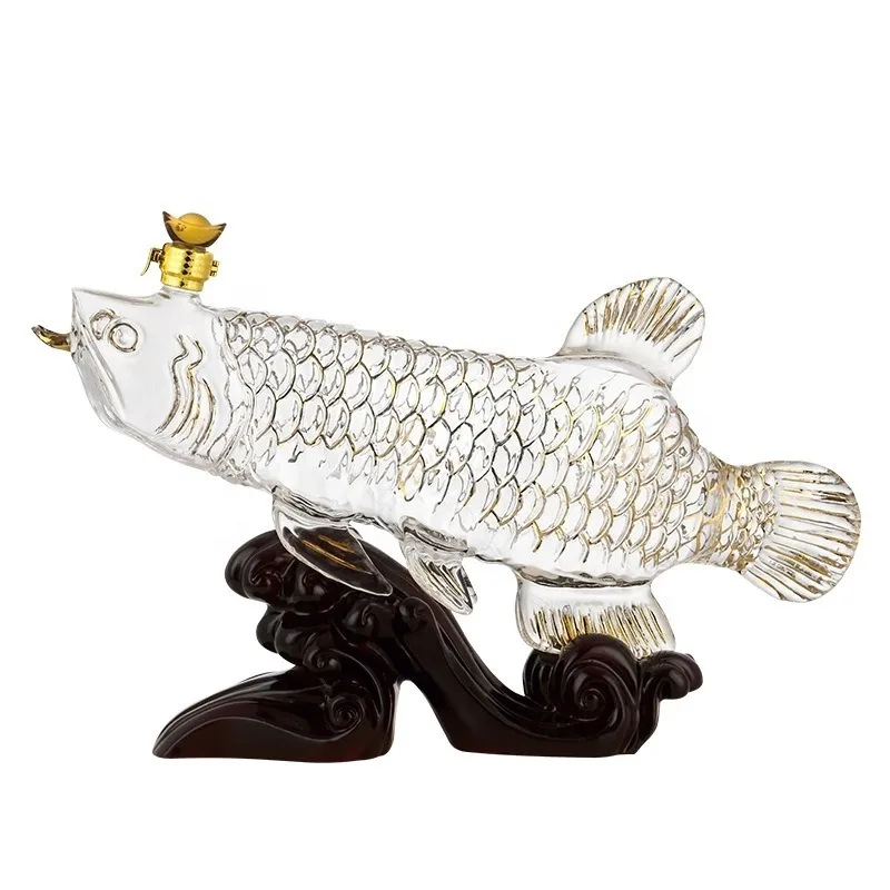 1300ml New Design Fish Shape Glass Wine Bottle Decanter with Wooden Base