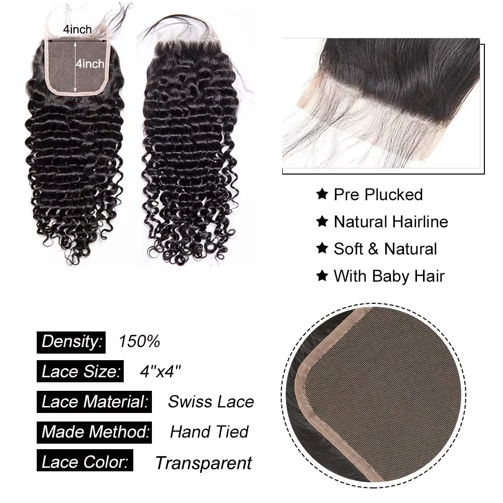 Lace Transparent Frontal 13x4 Water Wave 4X4 Closure Human Hair Brazilian Loose Closure Deep Water Kinky Curly