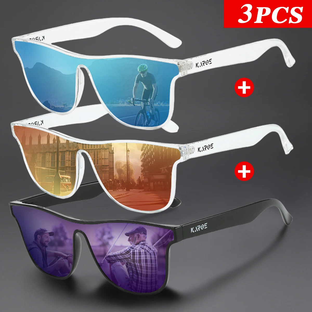 3Pcs/Set Karos UV400 Protection Sunglasses Men Women Outdoor Activities Glasses Driving Cycling Fishing Travel Parties Eyewear