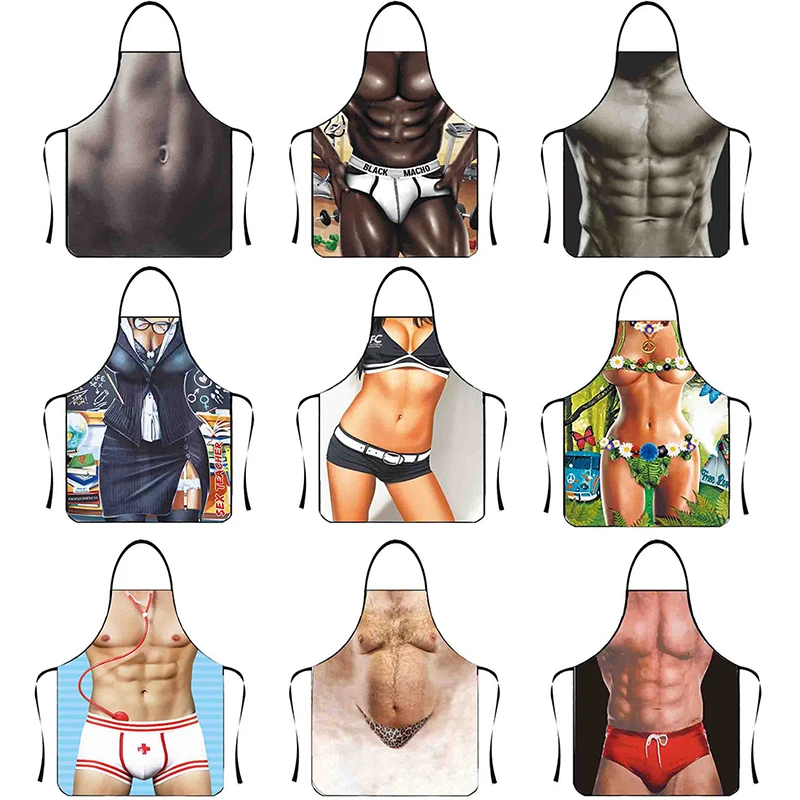 Cartoon Muscle Man Sexy Woman Funny Kitchen Waterproof Aprons Personality Novelty Creative Couple Aprons Party Decoration