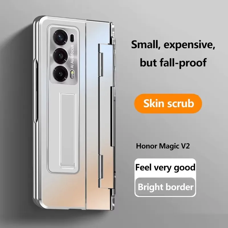Phone Case For Honor Magic V2 Plated Flat Gold Armor Hinge Bracket Slot Glass Front Film Cover
