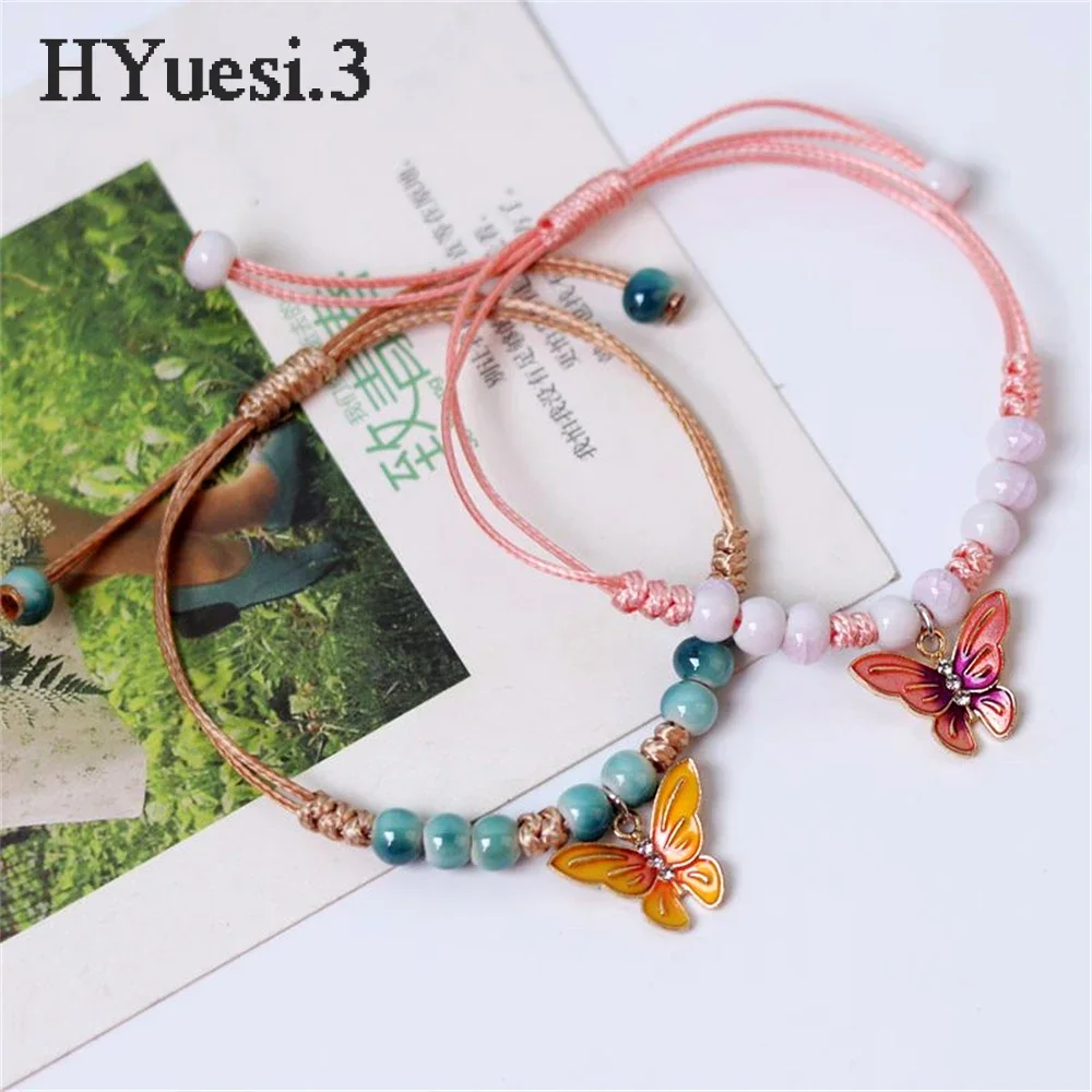 Summer Metal Butterfly Beaded Bracelet Anklet Colorful Adjustable Woven Rope Bracelets For Women Girls Kids Birthday Party Gifts