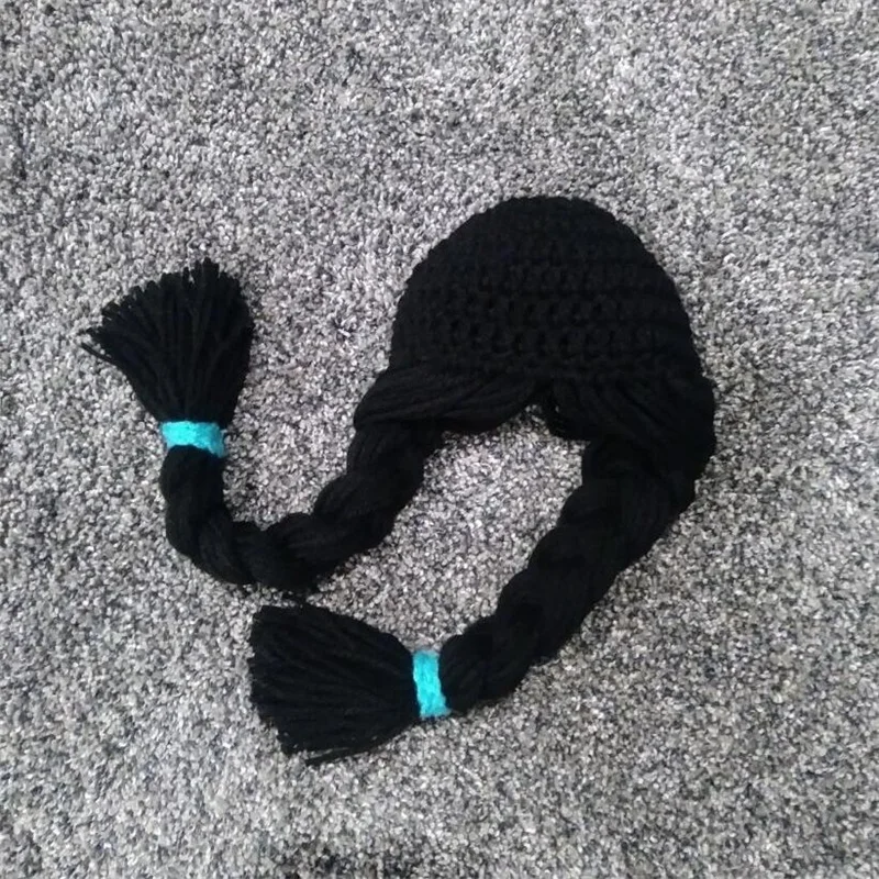 Children Baby Girl Hair Pigtail Wig Cap Hand Knitted Hat Black Winter Warm Hats and Caps for Kids Girls Photography Props