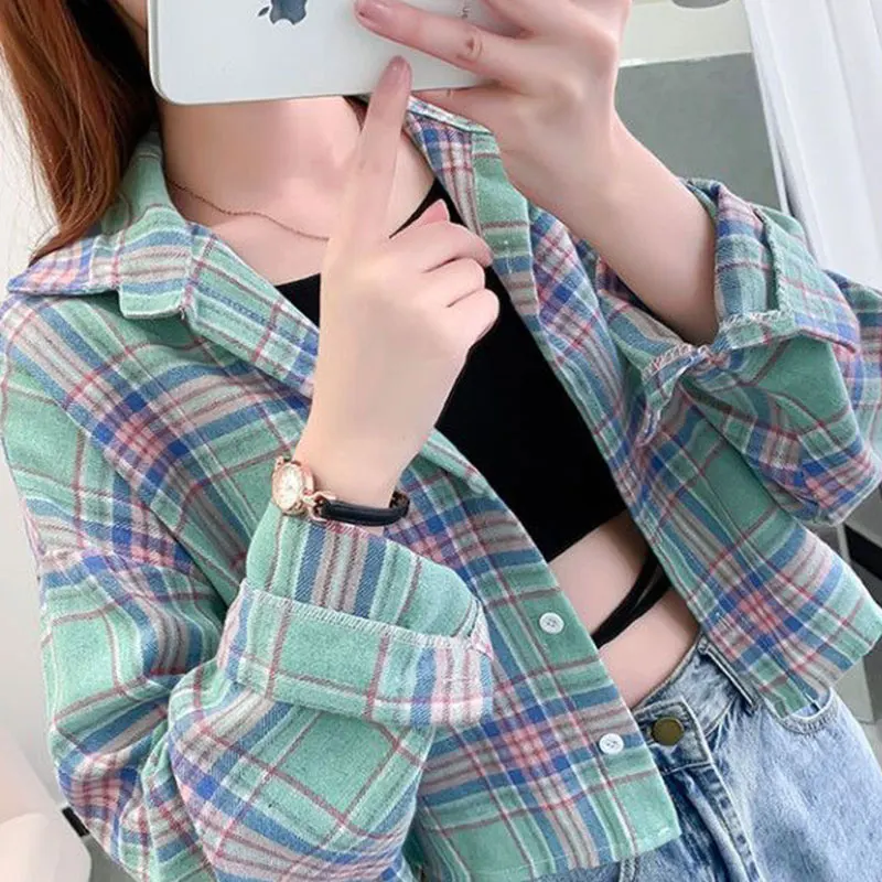 Women\'s Autumn Casual Simplicity Plaid Polo Collar Long Sleeve Shirts Women Clothes Fashion Loose All-match Temperament Tops