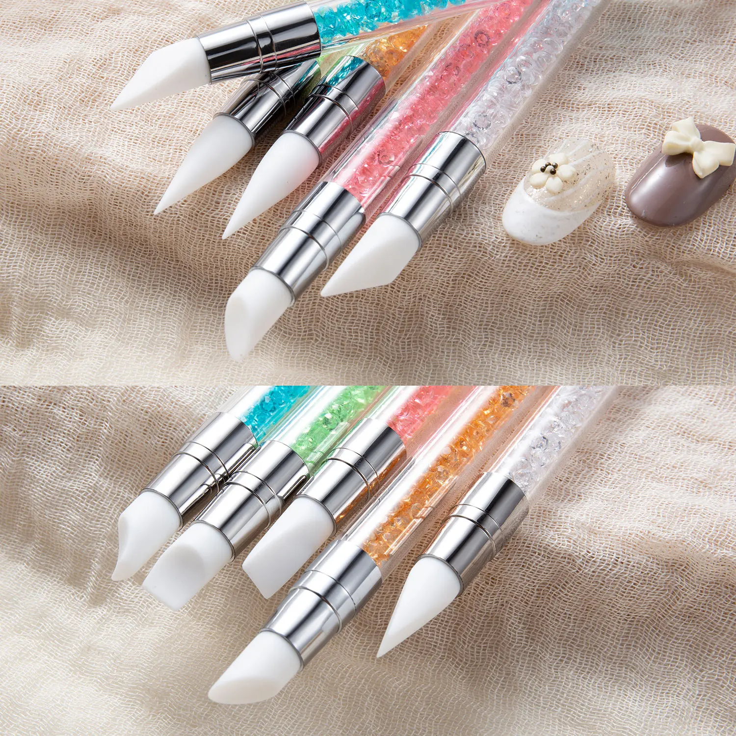 Canetas de gravação de arte em unhas de silicone de cabeça dupla 5 peças ferramentas de escultura de flores 3D com pontas ajustáveis para aplicação em pó cromado