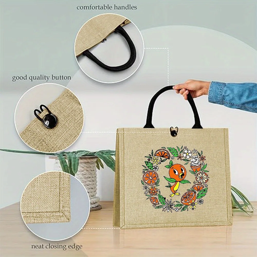 Cute Orange Bird Floral Wreath Linen Tote Bag Fruit Slice Print Reusable Grocery Shopping Handbag Large Capacity Ladies Shoulder