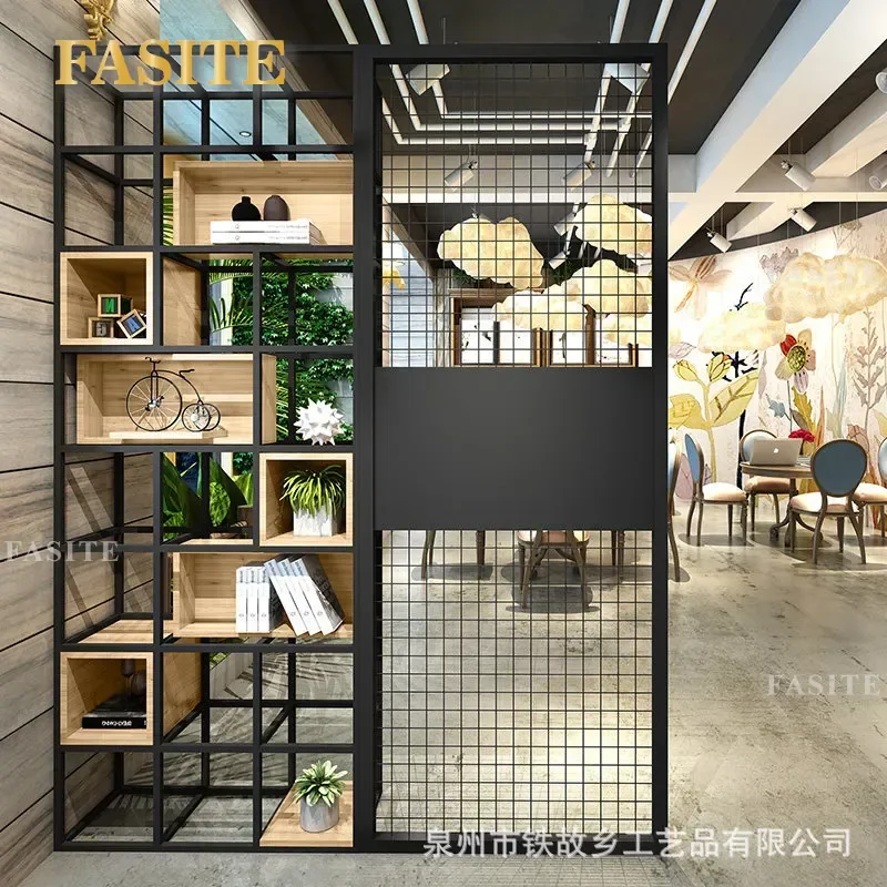 For Industrial Wrought Iron Solid Wood Floor Partition Rack Bookshelf Lattice Shelf for Cafe Office Home Decor Storage