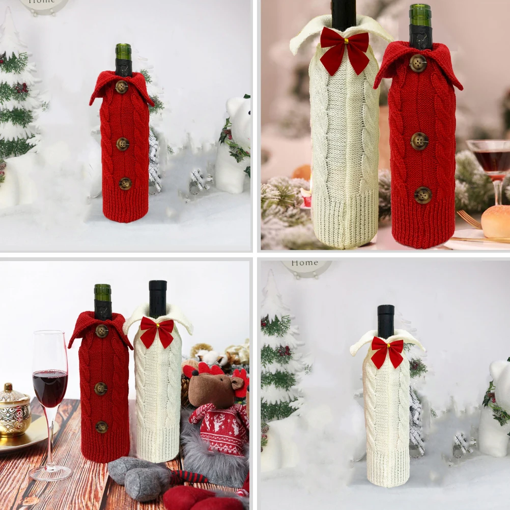

2 Pcs Knitted Wine Bottle Cover Christmas Decor Knitting Decorations for Xmas Party Ornament