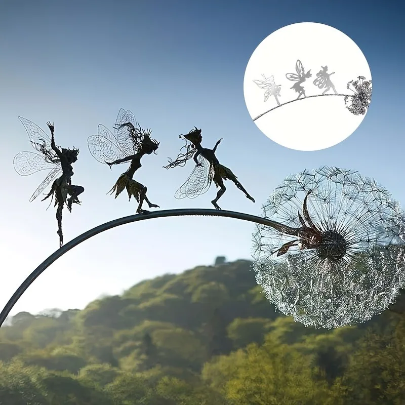 Flower Fairy Dancing with Dandelion Garden Art Sculpture Statue Decor for Outdoor Yard Courtyard Lawn Patio Metal Ornaments