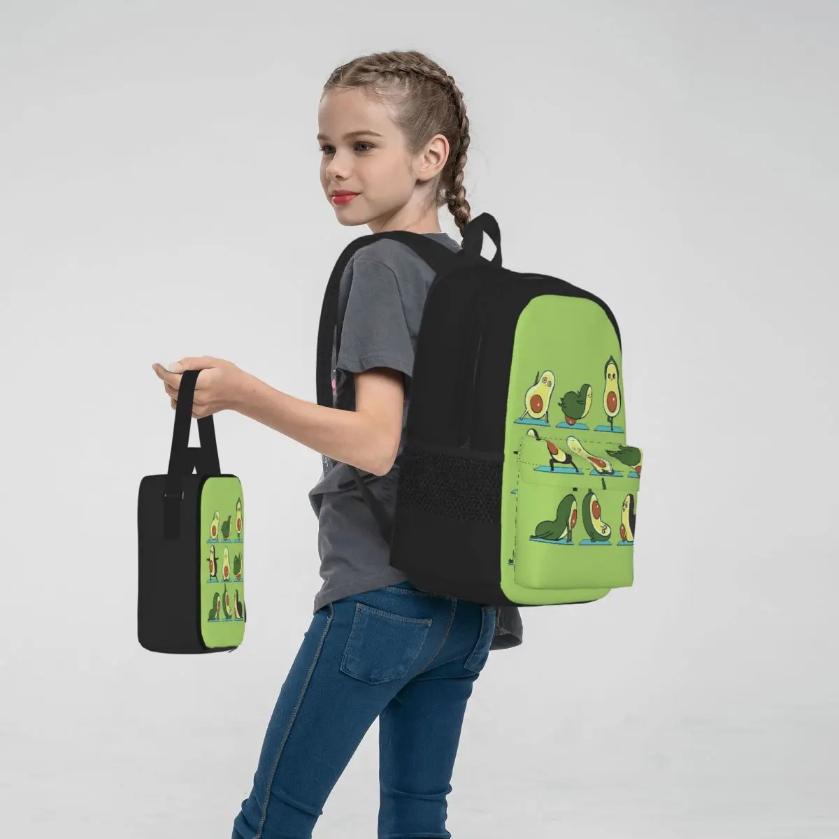 Mochilas de Yoga con aguacate para niños y niñas, mochilas escolares de dibujos animados, bolsa de almuerzo, bolsa para bolígrafos, juego de tres piezas