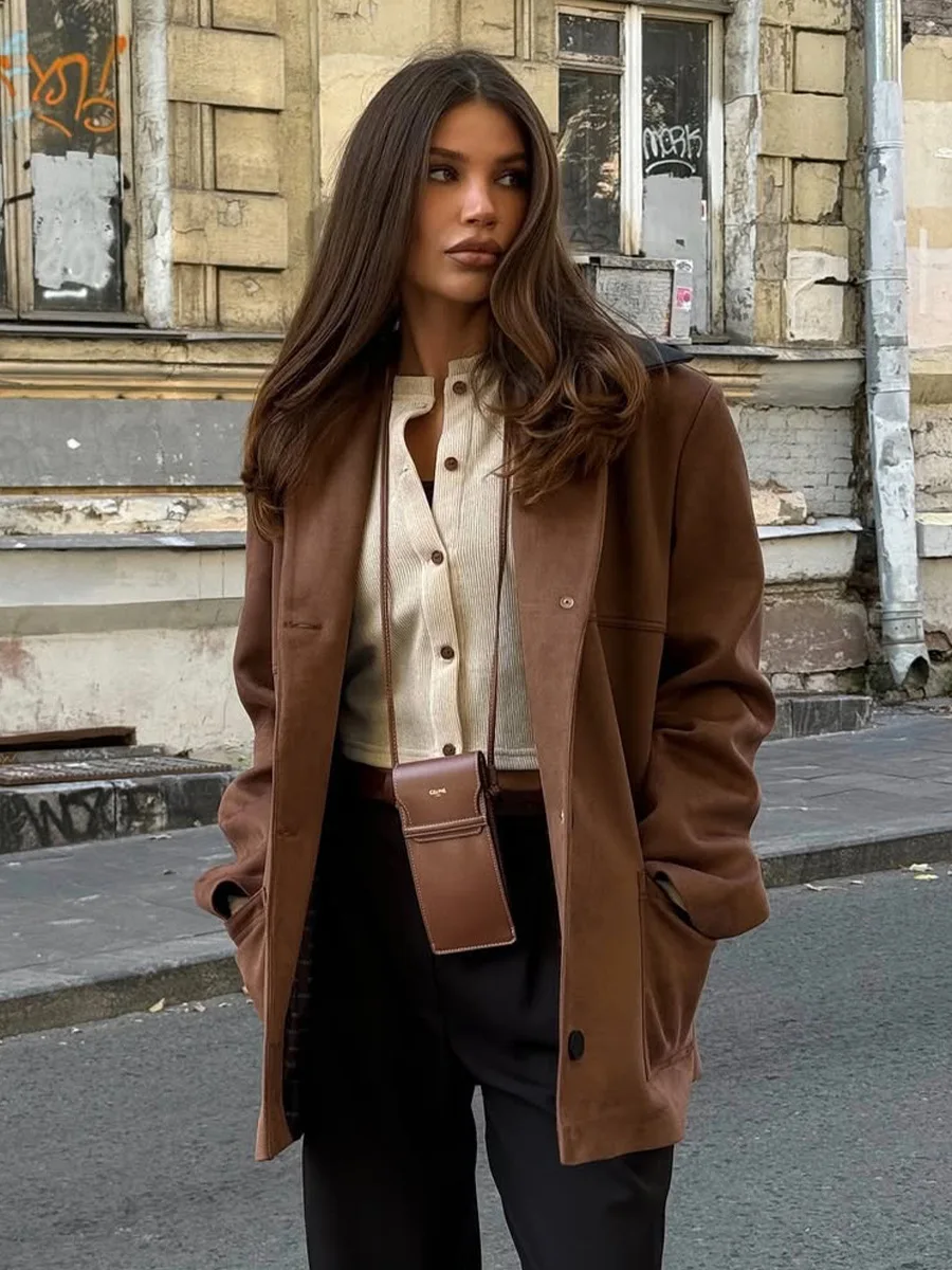 

Bornladies New 2025 Autumn Winter Women's Brown Suede Jacket Black Collar Contrast Stitch Loose Fit Long Sleeve Casual Outerwear