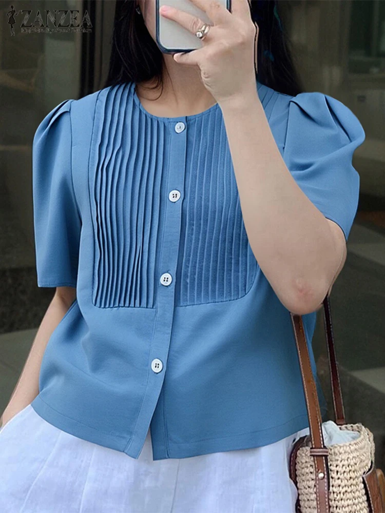 

ZANZEA Women Short Sleeve Tops Pleated Shirts Summer Blusas Lepel Neck Tunics 2025 Casual Solid Color Vintage Cardigans