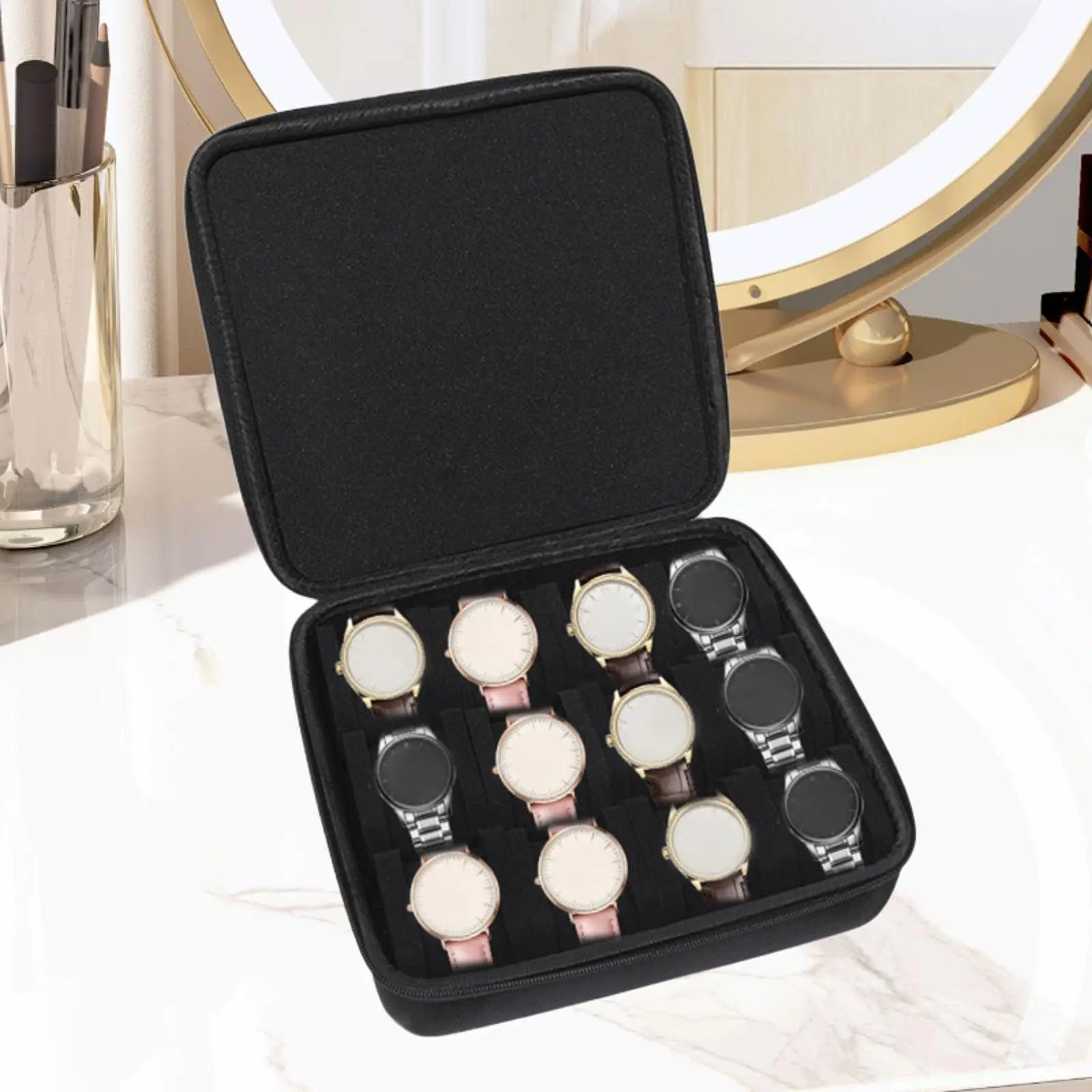 12 Slots Watch Display Box Organizer Portable Black Dustproof for Smartwatches Mechanical Watches 27x26cm with Carry Handle