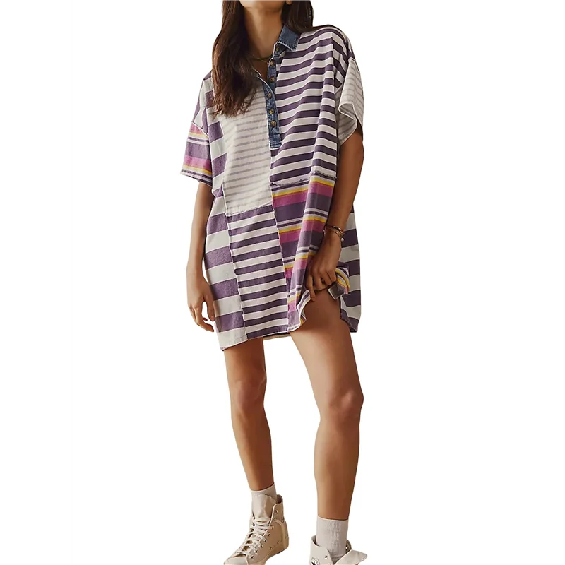ABRT-여성 대비 스트라이프 Babydoll Y2k 여름 패치 워크 티셔츠 드레스 빈티지 V 넥 반소매 드레스
