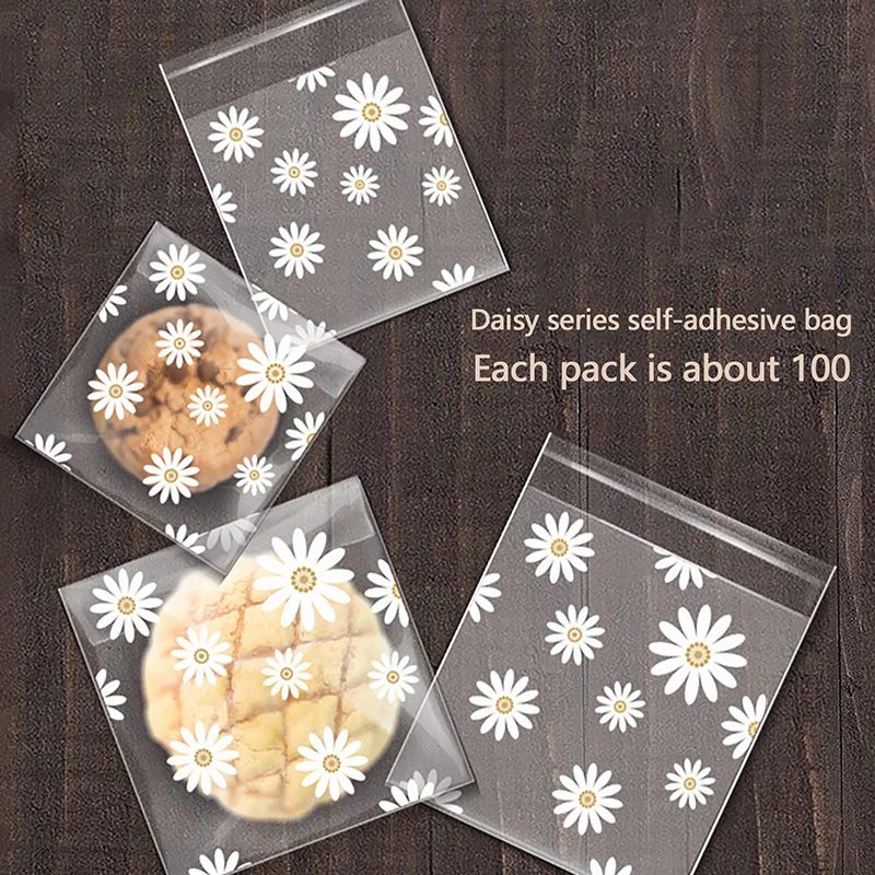 100Pcs Thickened Matte Daisy Pattern Opp Self-sealing Bag Cute Small Chrysanthemum Printed Gift Candy Snack Wrapping Bags