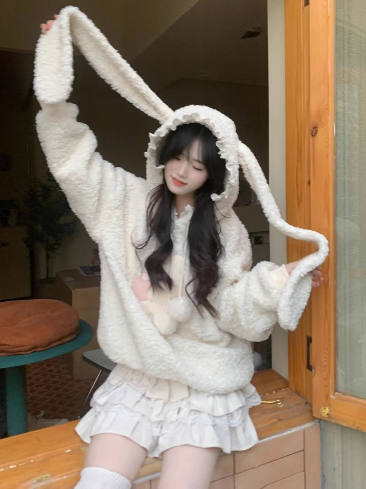 Harajuku Loose Lamb Wool Hoodies Embroidery Rabbit Y2k Aesthetic Grunge Sweatshirts Women Tops Kawaii Cute Drawstring Pullover