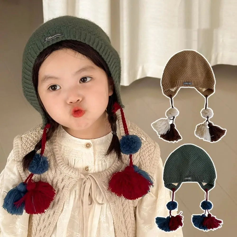 

Cute Ethnic Style Children's Tassels Hat Korean Ear Protection Handmade Crochet Hat Warm Autumn Winter Girls Knitted Hat Outdoor