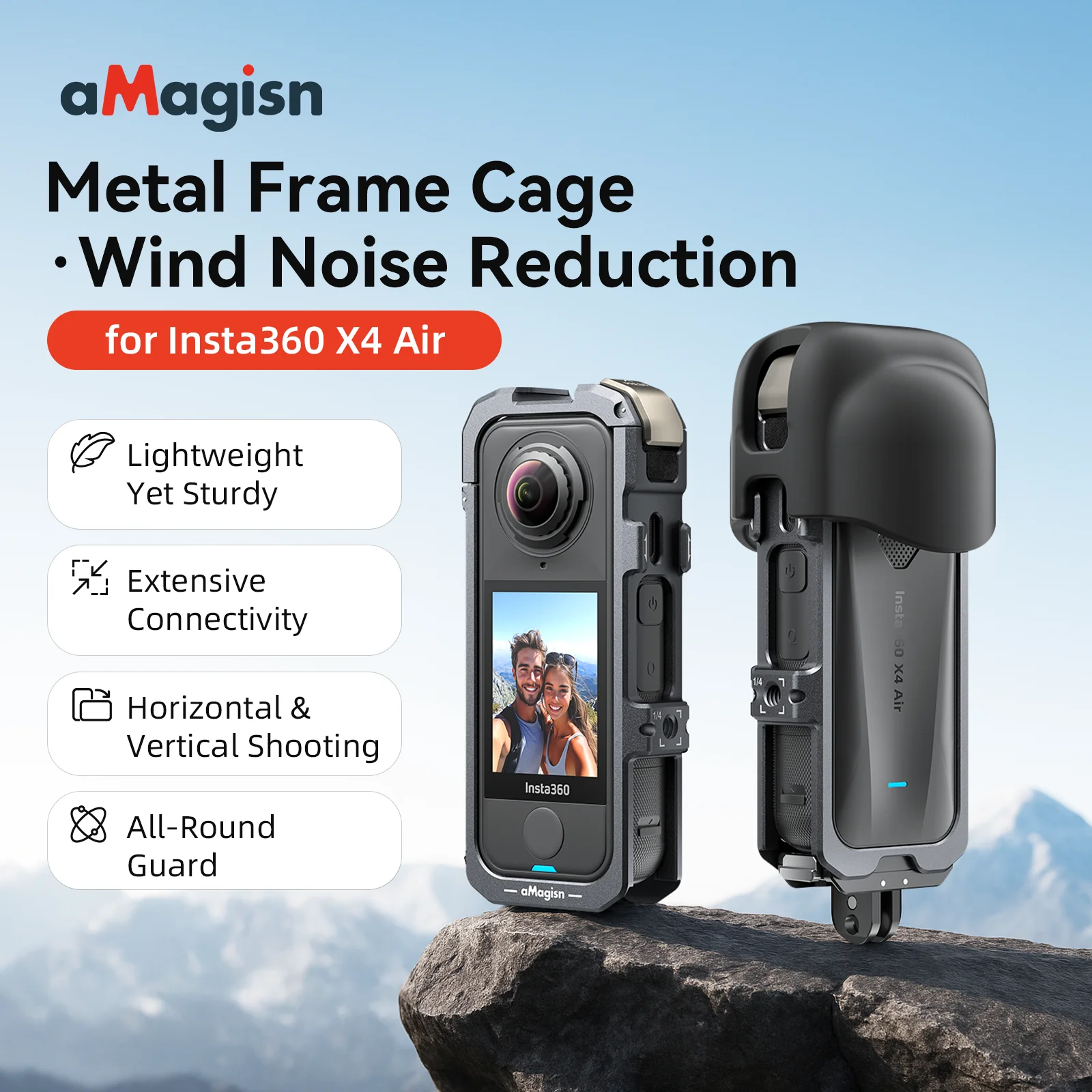 amagisn-x4-air-カメラケージ-メタル保護フレーム-シリコンレンズキャップ付き-風防フォーム内蔵-insta360-x4air-アクセサリー用
