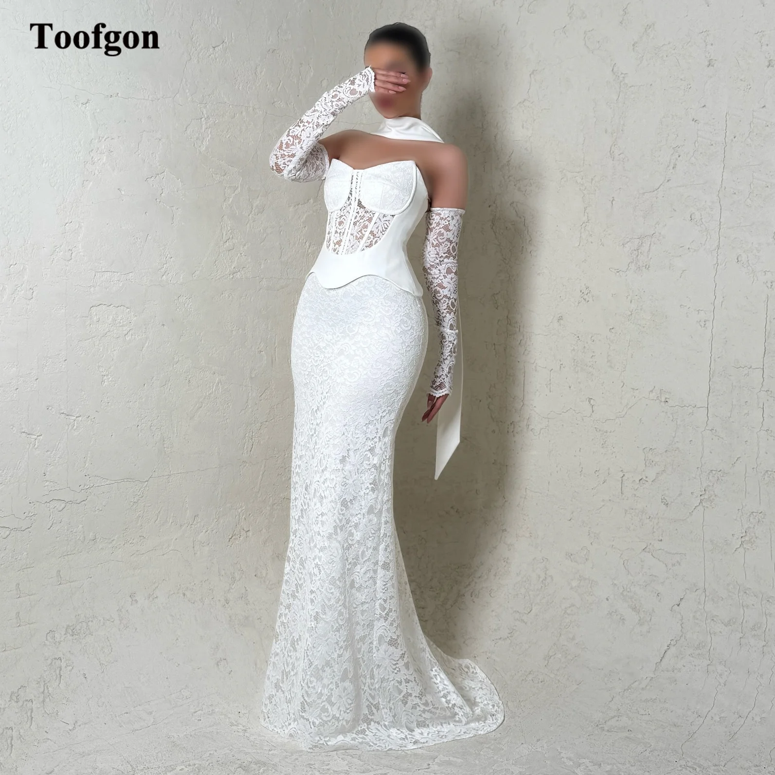 Toofgon Full Lace Mermaid Customized Wedding Dresses Detachable Long Sleeves Bride Photo Shoot Dress Formal Party Prom Gowns