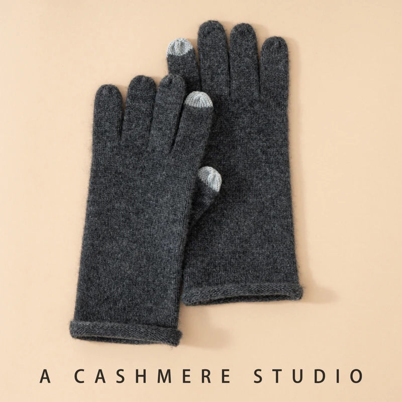 Winter 100% Goat Cashmere Knit Touch Screen Gloves Women Soft Warm Open-palm Gloves Lady Full Finger Guantes