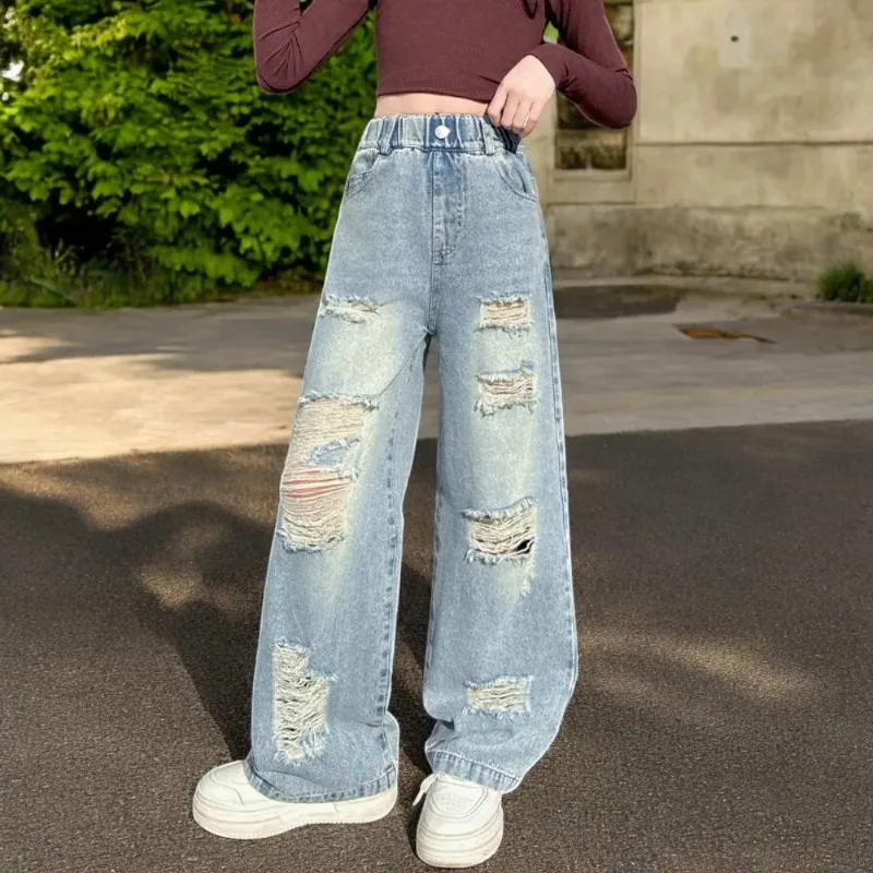 ZOETOPKID Young Kids Ripped Jeans for Girls Cargo Pants Baggy Blue Trousers Children Teenagers Outfits Child Pants Clothes
