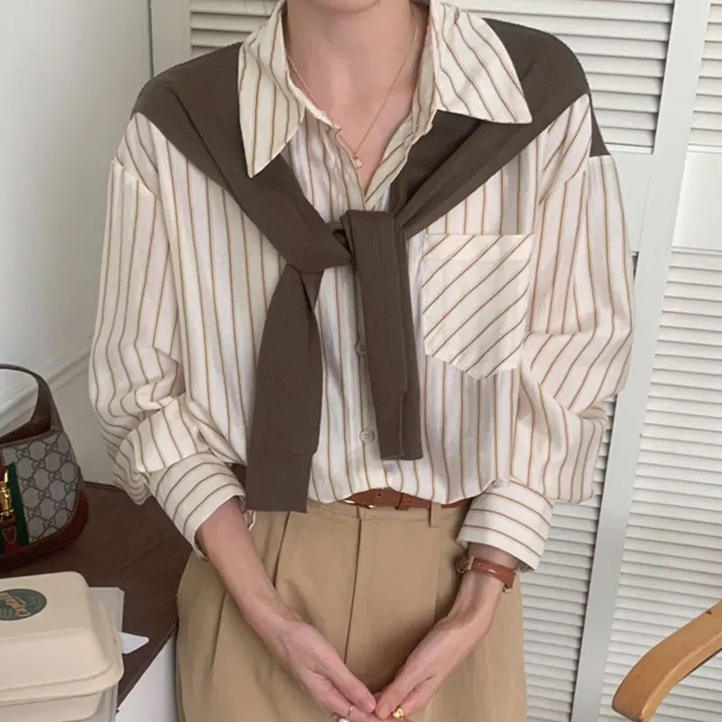 

Chic Autumn Simple Unique Collar Color Blo Fake Two-Piece oulder Design Long Sve Striped Women's irt Casual Loose Fit