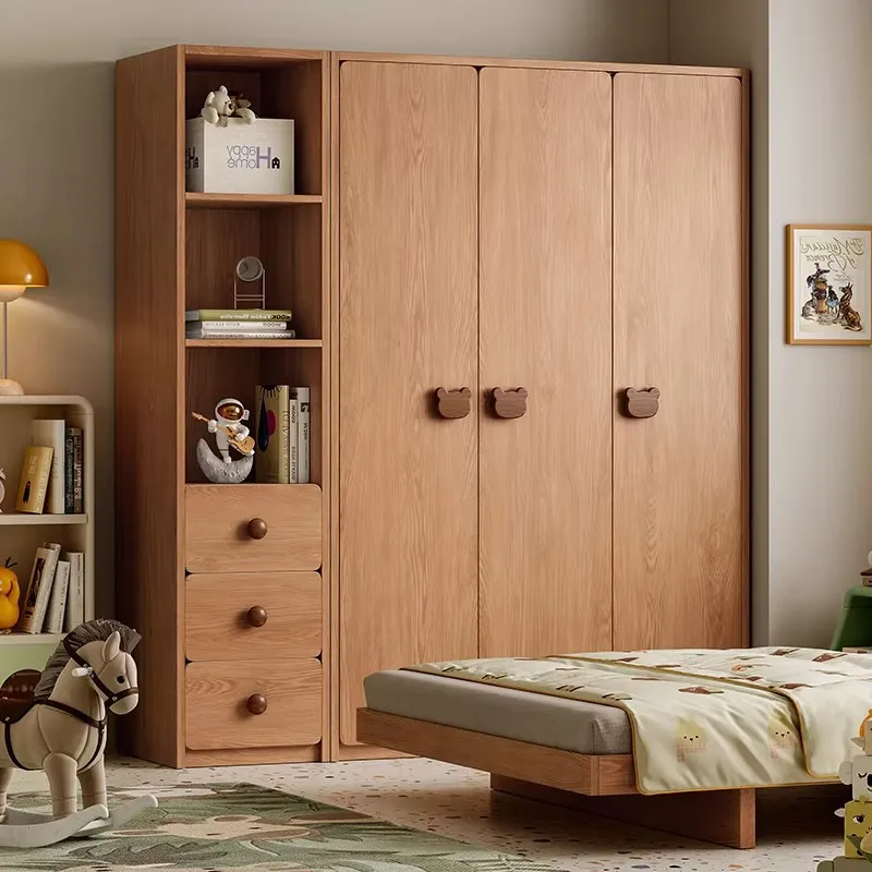 All solid wood oak children's bedroom wardrobe boys and girls children's room Nordic log style combination wardrobe