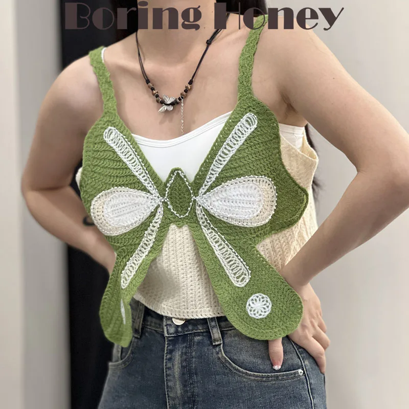 

Boring Honey Bead Embroidery Crop Top Butterfly Summer Clothes For Women Chic Hollow Out Crochet Fashion Women Blouses