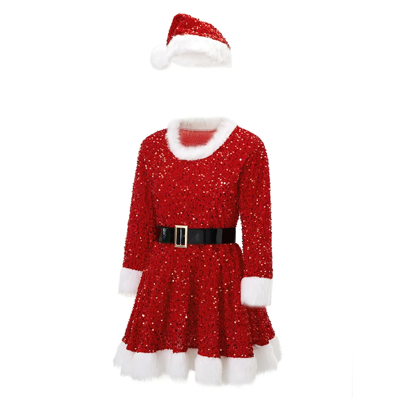 Women s Christmas Costume Sparkling Sequin Embellished Flared Dress with Matching Belt and Santa Hat Ensemble for Festive