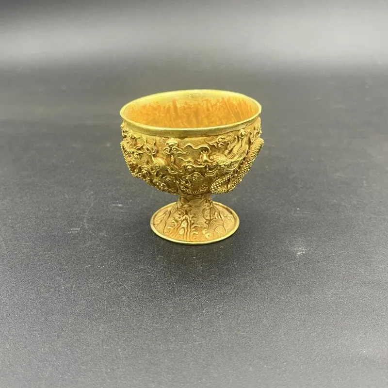 Gilt copper relief craft double dragon playing with pearls high-footed wine cup Chinese retro art ornament