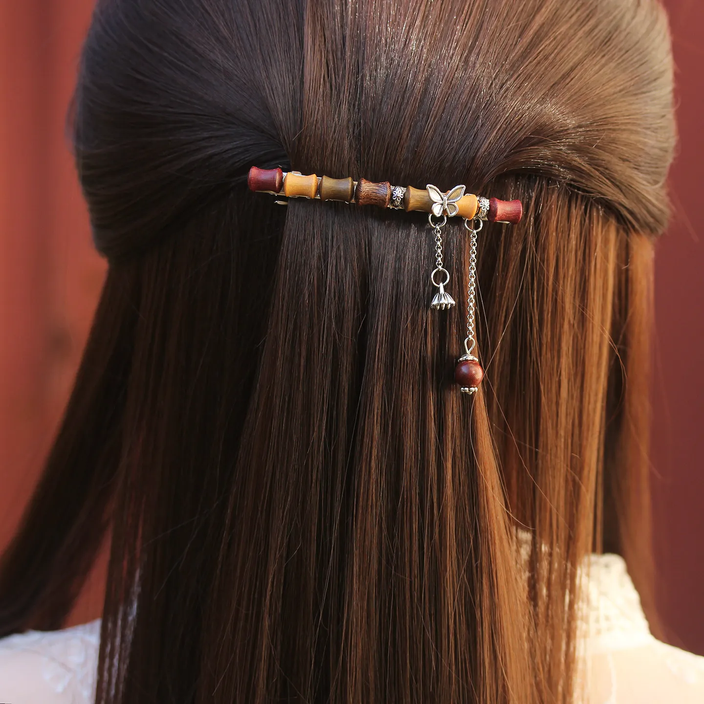 Chinese Style Hanfu Natural Sandalwood Hair Clips Hand Polished Bamboo Butterfly Pendant Spring Barrettes 77mm 95mm For Half Ful