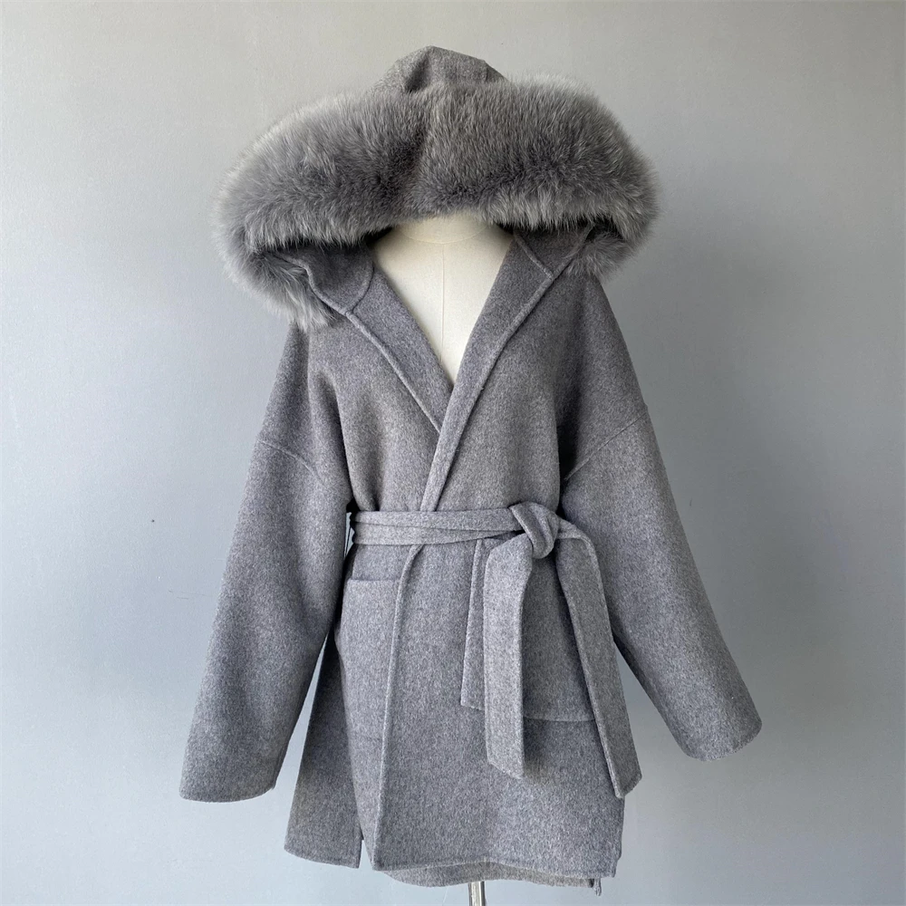 Jxwatcher wollen jas en mengsels mode middellange kasjmier jas met capuchon 100% echte vossenbontkraag manchetten winterjas voor dames