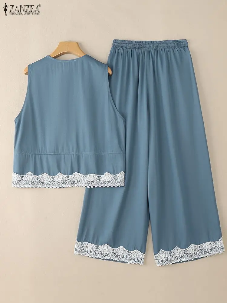 ชุดเซ็ตแฟชั่นผู้หญิง ZANZEA 2025 ชุดฤดูร้อนผ้าลูกไม้ 2 ชิ้น เสื้อแขนกุดสวยหรู กางเกงขายาวเอวยางยืด ชุดลำลอง