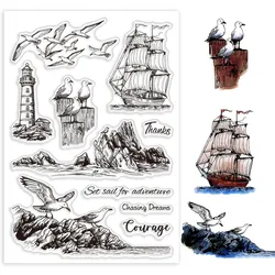 1Sheet Ocean Reef Clear Stamps Lighthouse Silicone Clear Stamp Seals Sailboat Seagulll Transparent Stamps for DIY Scrapbooking