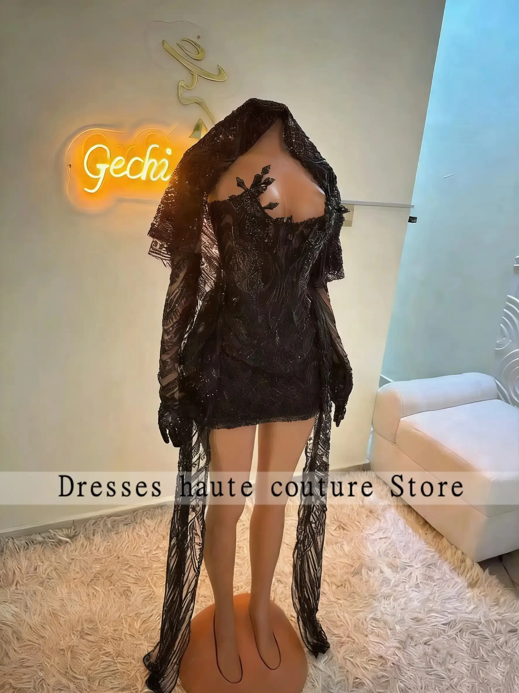 New Customized Shiny Black Luxury Mini Short Prom Dresses With Glove For Black Girl Sparkly Party Gown Mini Cocktail Robe De Bal